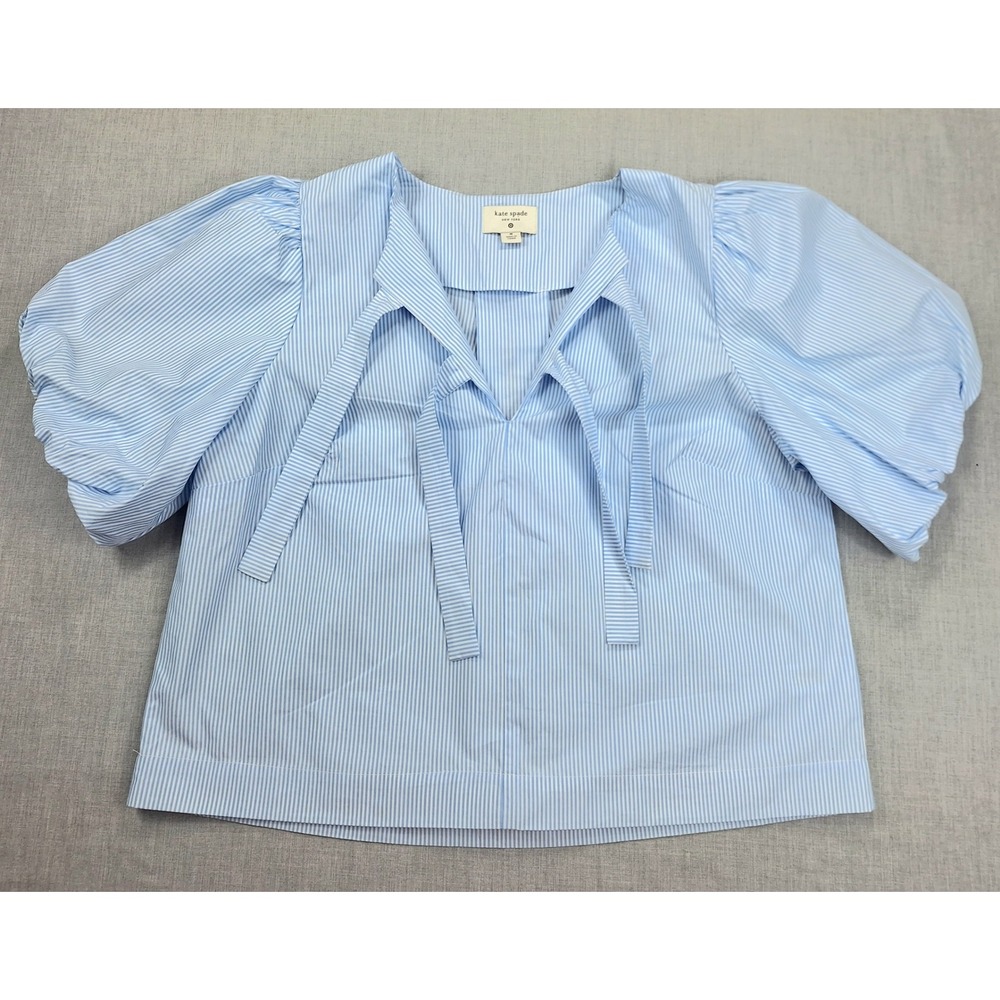 Kate Spade New York Blue White Striped Puff Sleeve Tie Front Blouse Medium